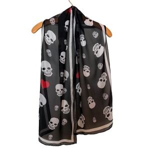 VTG Tiffany Alana Skull Heart Sheer Silk Chiffon Scarf Black White Red Hearts